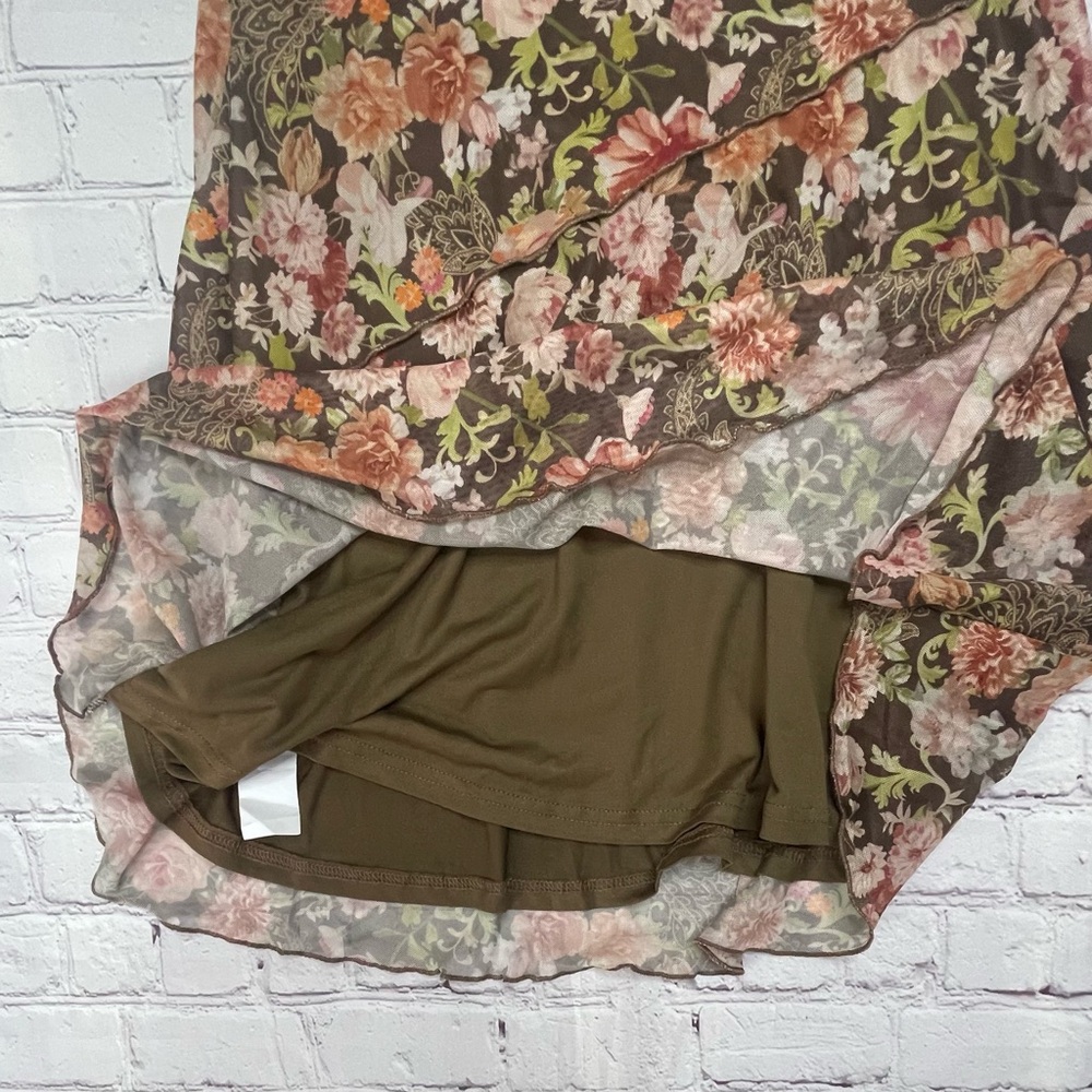 Vintage-Style Floral Mesh Mini Cami Dress - Lettuce Trim & Tiered Hem L - Picture 2 of 8